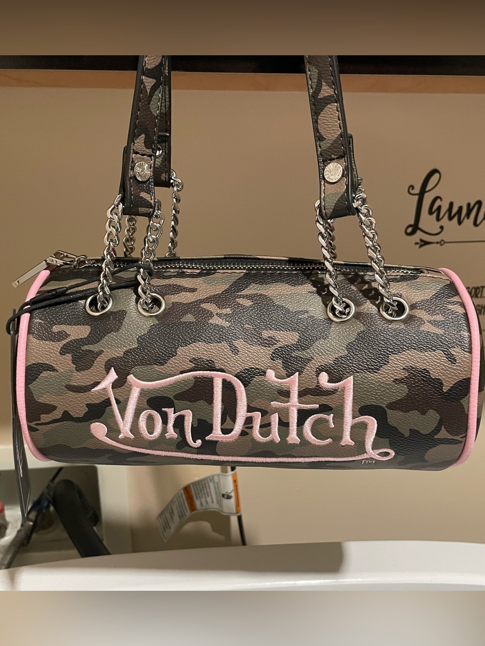 NWT Von Dutch Camouflage Barrel Bag with Pink Trim